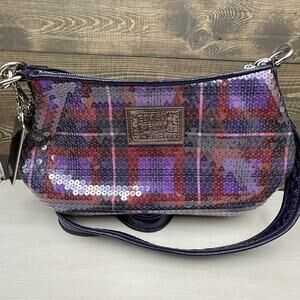 Coach Poppy Sequin Tartan Groovy Crossbody Bag Purse 16048 Purple Plaid Berry